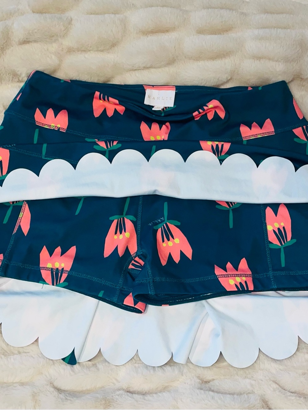 KARLIE Teal Floral Scallop Hem Skort with Pink Tulip Print - Picture 4 of 5